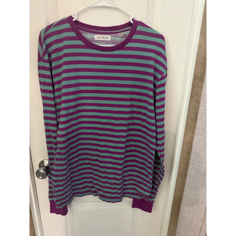 PacSun Mens Striped Long Sleeve T-Shirt Purple Teal Cotton Crewneck Size M